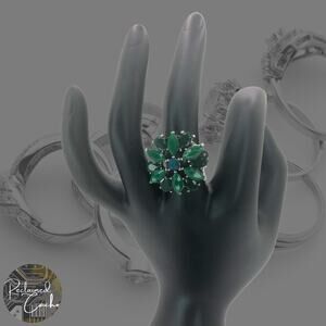 Silver and Green Flower Rhinestone Statement Ring - Size 8